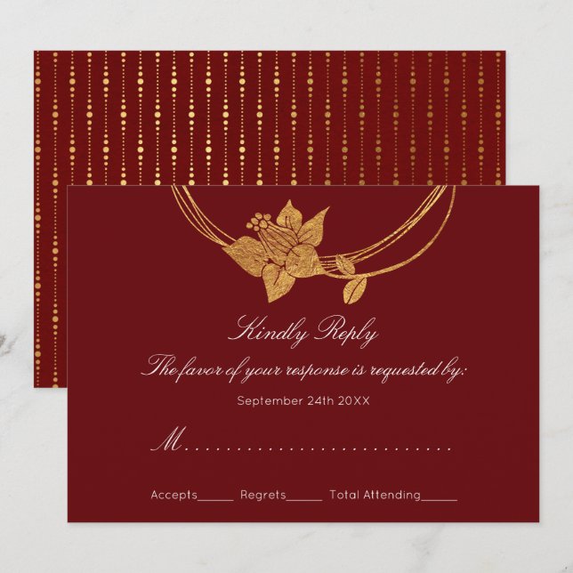 OSA Burgundy Maroon Guld Blommigt Utandning Lux Inbjudningar (Fram/baksida)