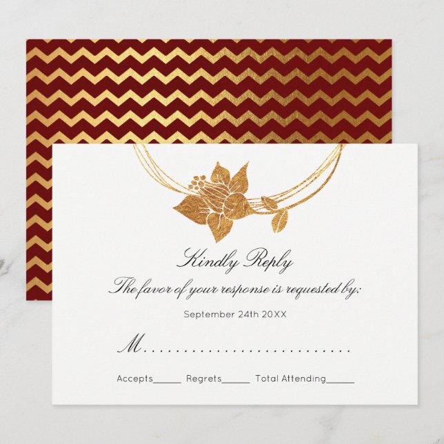 OSA Burgundy Maroon Guld Blommigt Wandeann Chevron Inbjudningar (Fram/baksida)