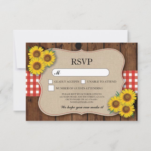 OSA Burlap Bröllop Wood Rustic Red Check Cards (Framsida)
