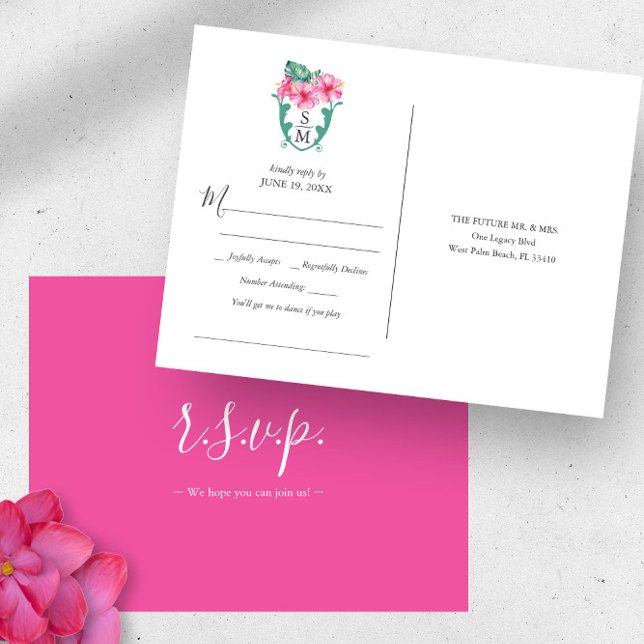 Osa för begäran om tropisk destination Sång Vykort (Monogrammed tropical destination wedding rsvp postcard watercolor art by Victoria Grigaliunas)