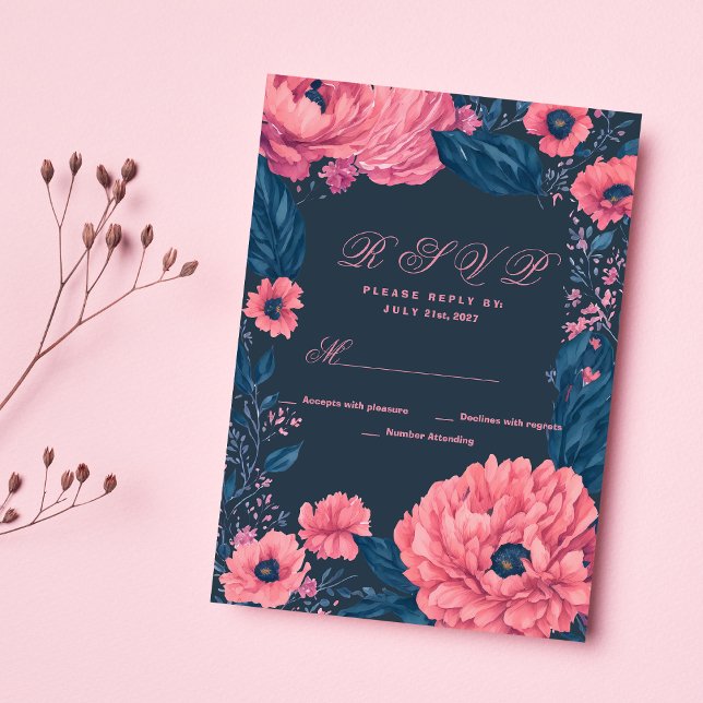 Osa för blommigt av  för korallblått rosa inbjudningar (Coral pink navy blue watercolor floral RSVP)
