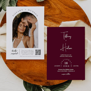 Osa för Burgundy Boho Bröllop Arch-fotot QR-kod Inbjudningar