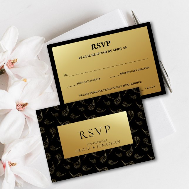 Osa för det moderna valet av Bröllop-fetma i Guld Inbjudningar (Modern Gold Feather Wedding Meal Choice RSVP Invitation)