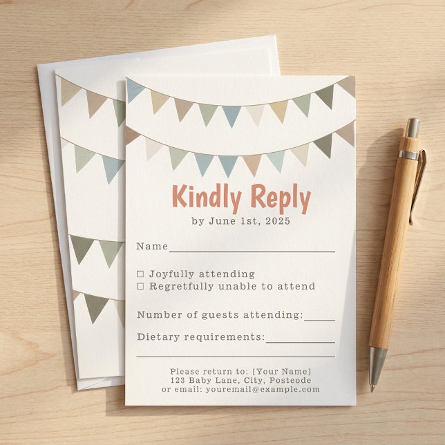 Osa för duschdusch för spädbarn i matlagad pastell kort (Muted pastel bunting baby shower RSVP insert.)