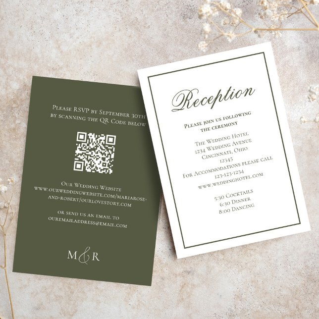 OSA för elegant Grönt Calligraphy Reception  Tilläggskort (Elegant  Green Olive themed wedding reception card. )