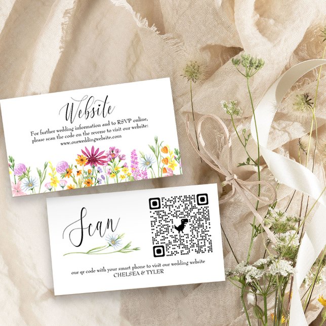 Osa för Online av  för Wildblomme Bröllop-webbplat Tilläggskort (qr code wedding rsvp cards with pretty wildflower floral border and elegant calligraphy)
