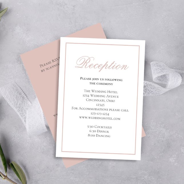 OSA för  Rosa Calligraphy Script Reception Tilläggskort (Blush pink wedding reception card with RSVP details template. )