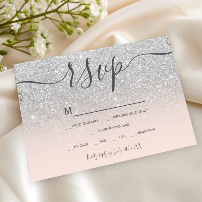 osa för  rosa i Silver glitter, skript chic Kort (Silver glitter blush pink script chic rsvp)