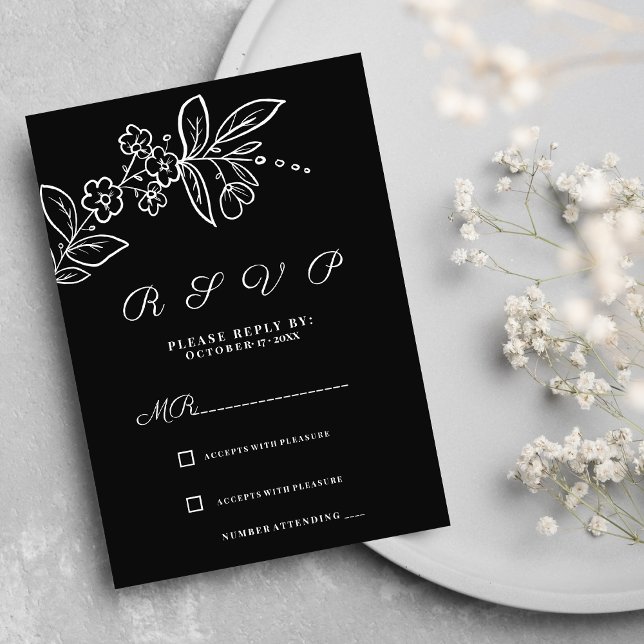 Osa för svartvit blommigt med enkel elegant inbjudningar (Simple elegant black white floral RSVP)