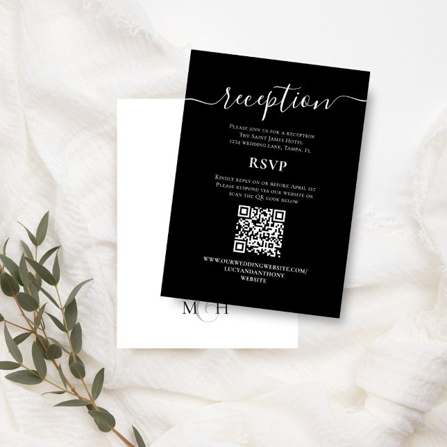 Osa för svartvit bröllopsmottagning tilläggskort (Simple black and white reception and RSVP card with QR Code. )