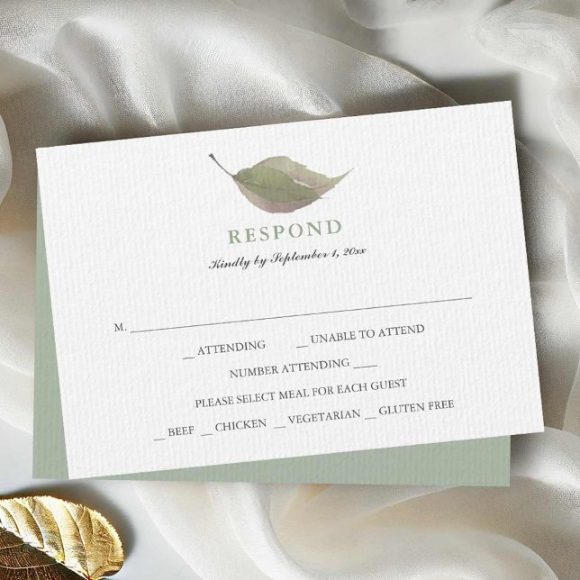 Osa för val av måltid för enkel Grönt (Rsvp cards sage green leaf design by Victoria Grigaliunas of Do Tell A Belle.)