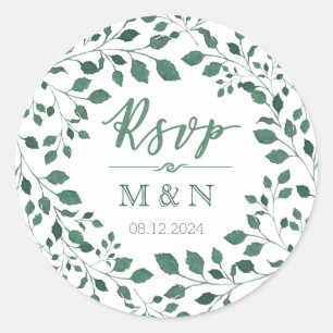 OSA Grönt Löv Utandning Monogram Bröllop Runt Klistermärke