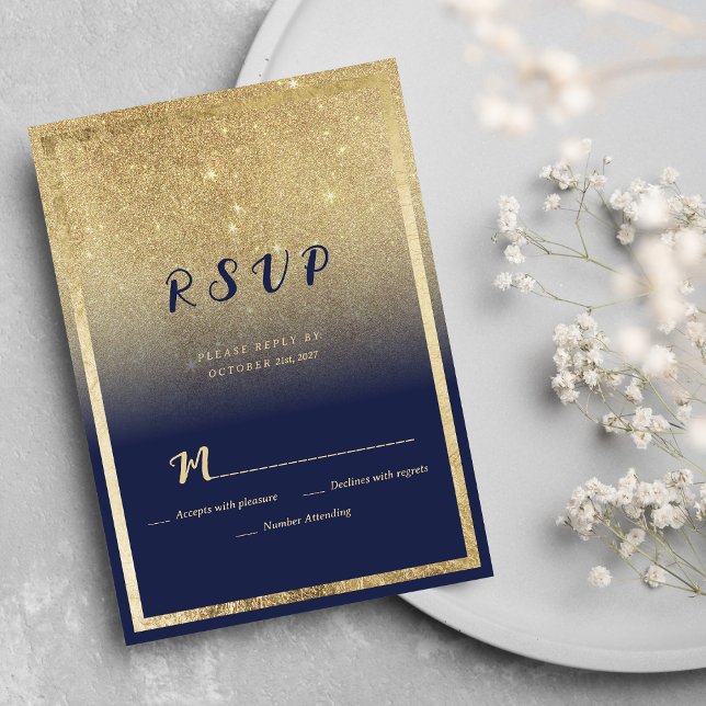 Osa i lyxflottan blå guld, glitter inbjudningar (Luxury navy blue gold ombre glitter RSVP )