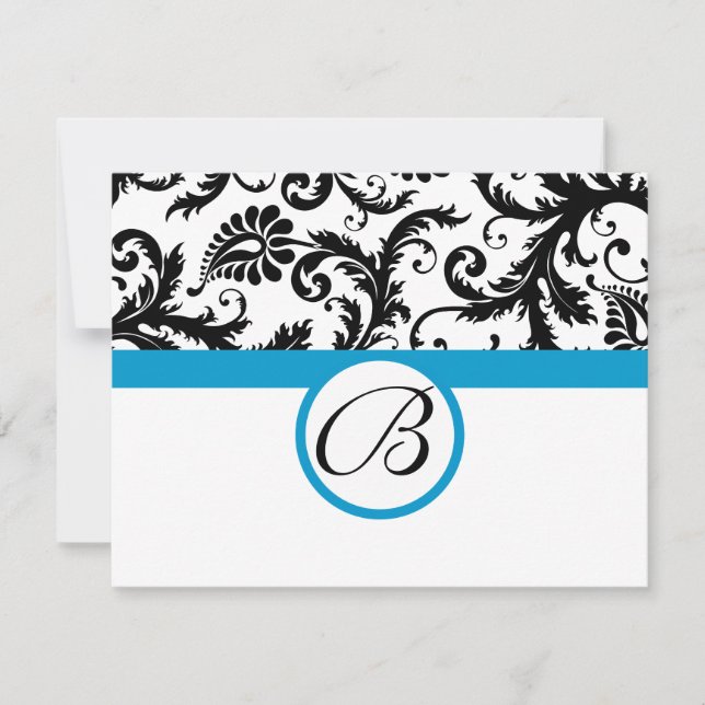 OSA kort-Black & White Damask Aqua Trim Kort (Framsida)