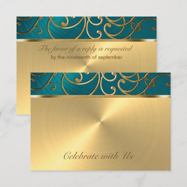 OSA kort Elegant Teal Blue och Guld Filigree (Fram/baksida)