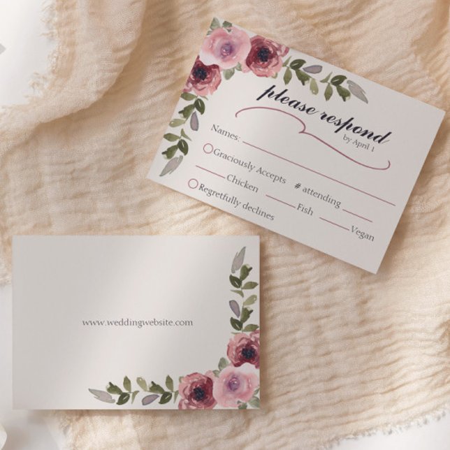 OSA kort Flower Bröllop, Rosa Flower (Watercolor floral pink rose with leaves RSVP response card with wedding website on back)
