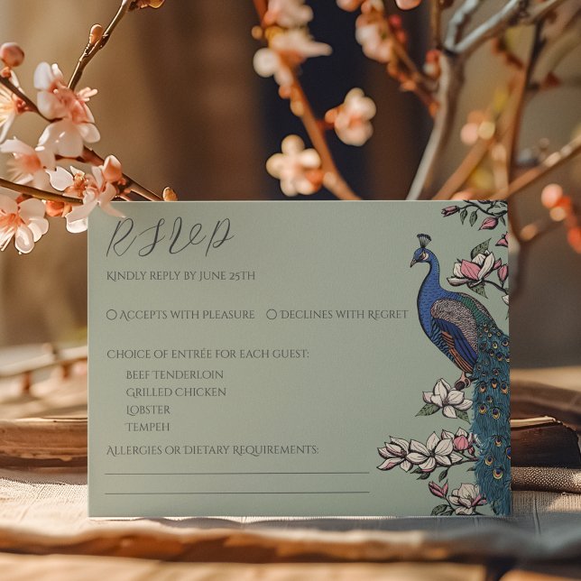 OSA kort för enkel Grönt för peacock (Elegant Sage Green RSVP Card for Wedding Ceremonies. Hand Drawn Floral Chinoiserie Peacock & Flowers)