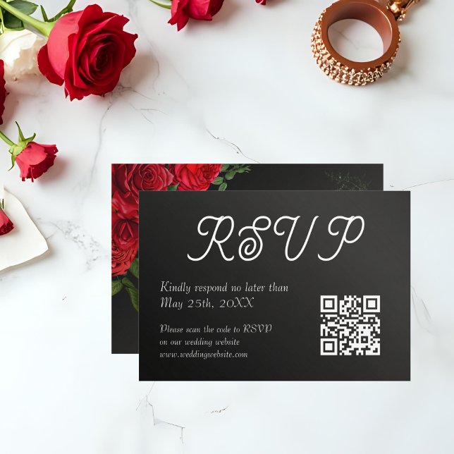 OSA kort för QR-koden för elegant Bröllop (Sleek RSVP card with QR code, black background and rose accents.)