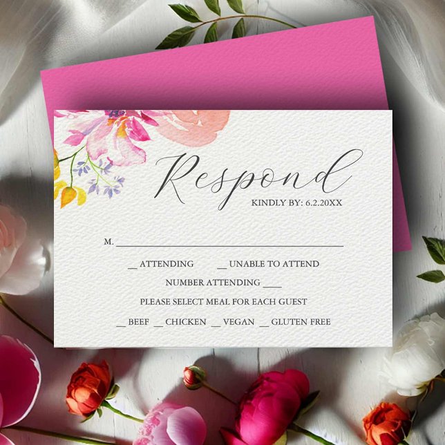 OSA kort för vattenfärgen Blommigt för Bröllop (RSVP card vibrant watercolor pink and orange floral art by Victoria Grigaliunas Do Tell A Belle)