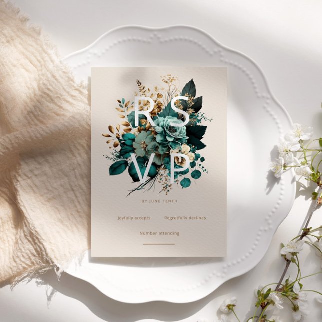 OSA kort för vattenfärgen Teal Guld Blommigt (Skapare uppladdad)