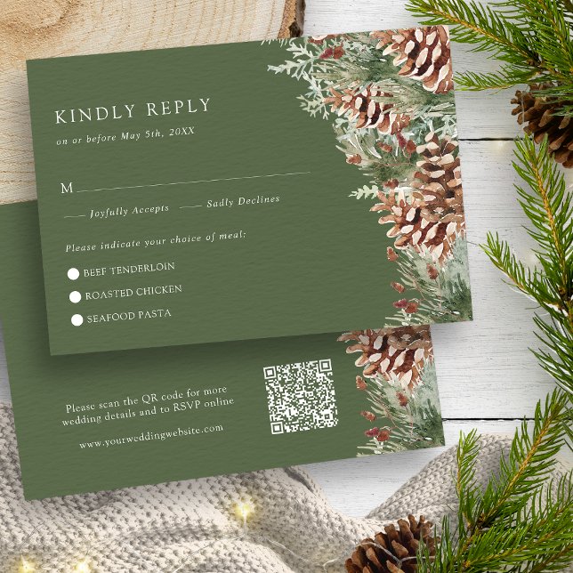 OSA kort grönt Winter (Hunter Green Watercolor Evergreen Pinecones Winter RSVP Card by Painted Paperie
)