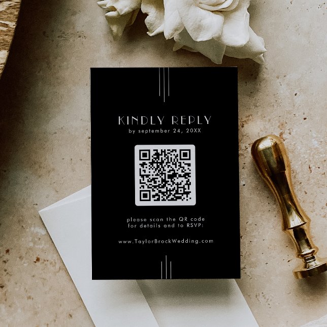 OSA kort med QR-kod för konsthändelse (EVERLY Art Deco Black RSVP Card with QR Code)