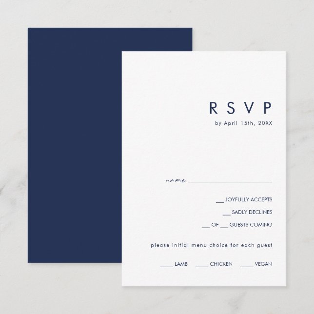 OSA kort Modern Minimalist Navy Blue Menu Choice (Fram/baksida)