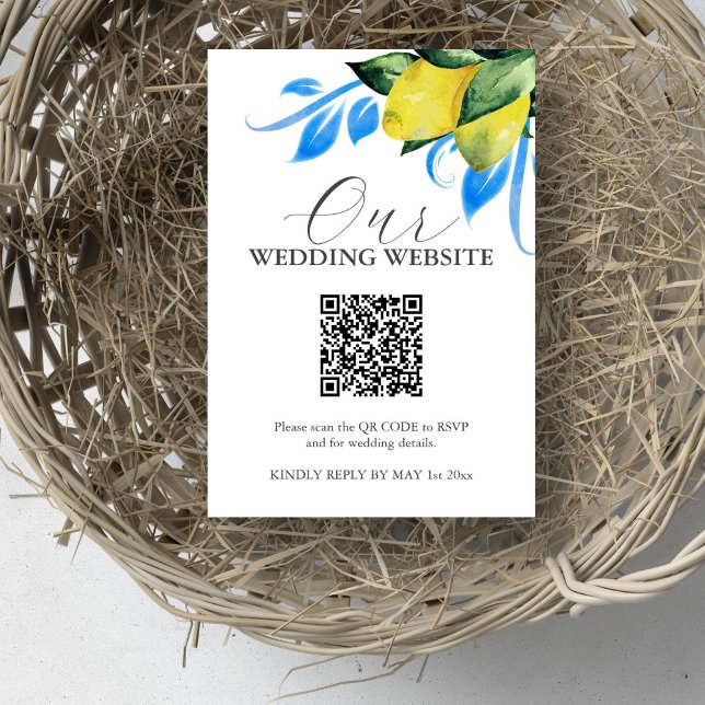 OSA kort QR-kod för Bröllop i Medelhavsområdet (Wedding invitation insert website QR code watercolor lemon art by Victoria Grigaliunas)