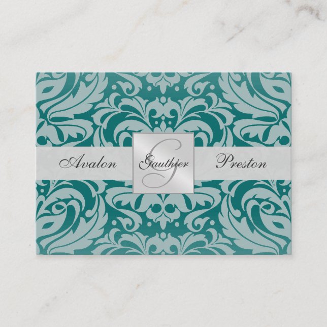 OSA kort Silver & Teal Monogram Damask Wedding (Framsida)