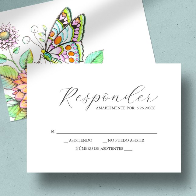 OSA kort Vattenskärtfjäril och blomma (Quinceanera rsvp card watercolor butterfly art by Victoria Grigaliunas of Do Tell A Belle)