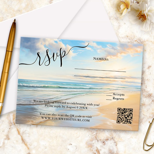OSA kort Watercolor Beach Wedding (Elegant wedding RSVP card featuring a watercolor painting of a beach on a happy sunny day - QR code)