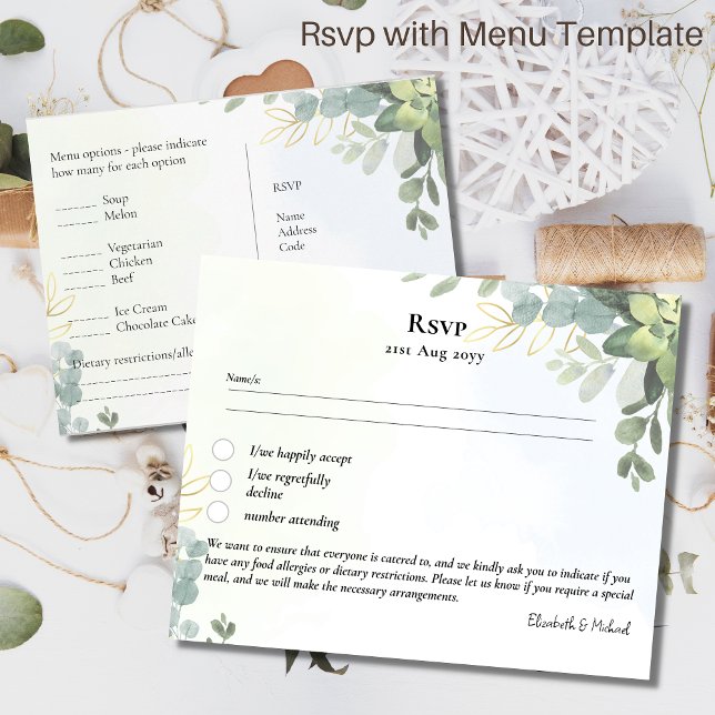 OSA med Menu Template Rustic Eucalyptus Löv Vykort (Skapare uppladdad)