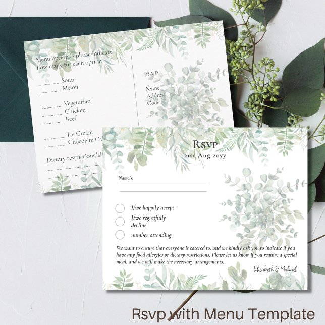 OSA med Menu Template Rustic Greenery Löv Boho Vykort (Skapare uppladdad)