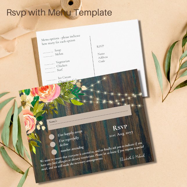 OSA med Menu Template Rustic Rosa Flowers Ljus Vykort (Skapare uppladdad)