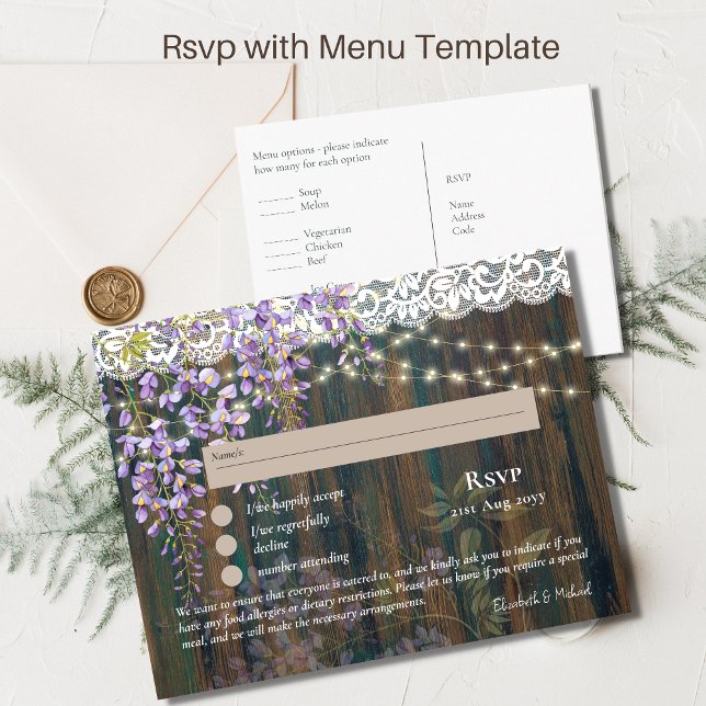OSA med Menu Template Rustic Wisteria Snöre Vykort (Skapare uppladdad)