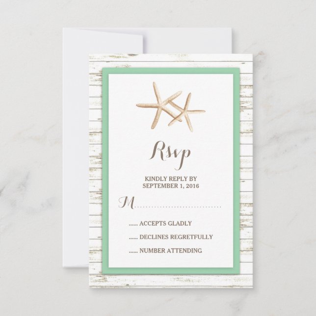 Osa Mint för Starfish Whitewzed Wood Beach Wedding Kort (Framsida)