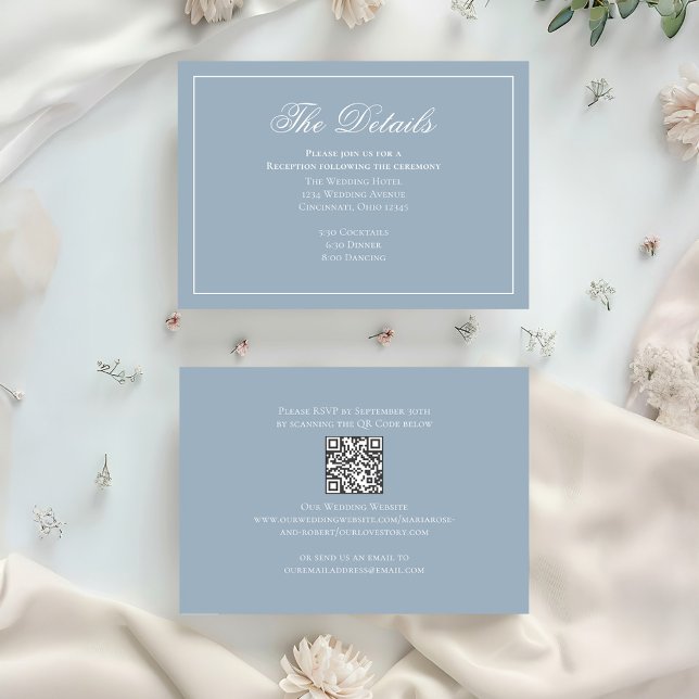 Osa om Dusty Blue Calligraphy-Elegant Tilläggskort (Dusty blue wedding details card with scannable QR code. )