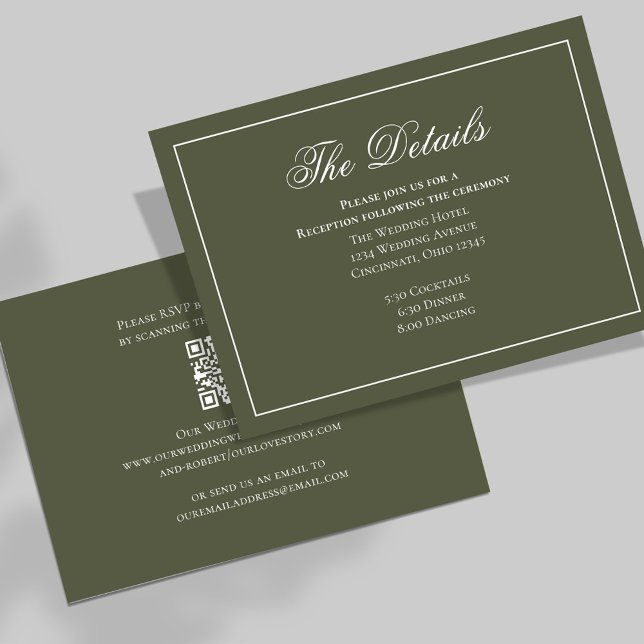 OSA om Elegant om oliv grönt kalligrafi Tilläggskort (Olive green wedding details card with scannable QR Code template. )