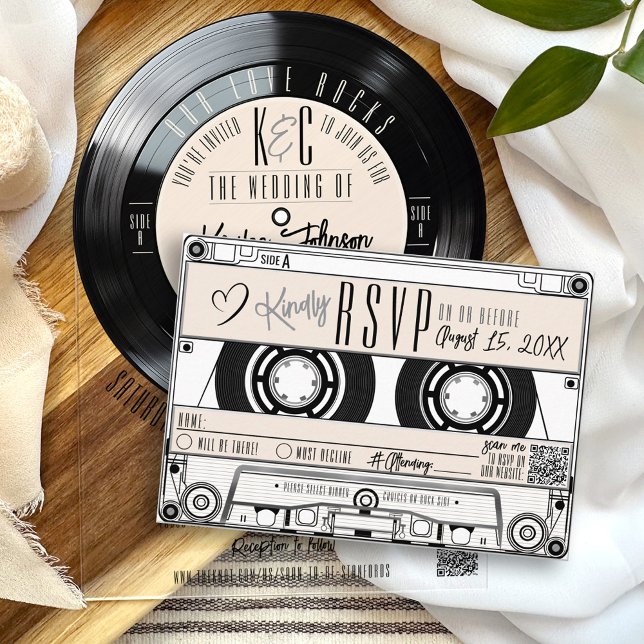 Osa om inbjudningar till Cassette Tape Record Ivor (Unique retro black and ivory vinyl record music vintage cassette tape RSVP card wedding invitation)