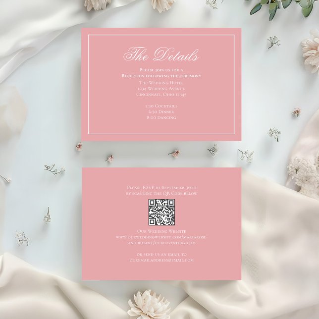 OSA om  Rosa Calligraphy-Elegant Tilläggskort (Blush pink wedding details card with qr code. )