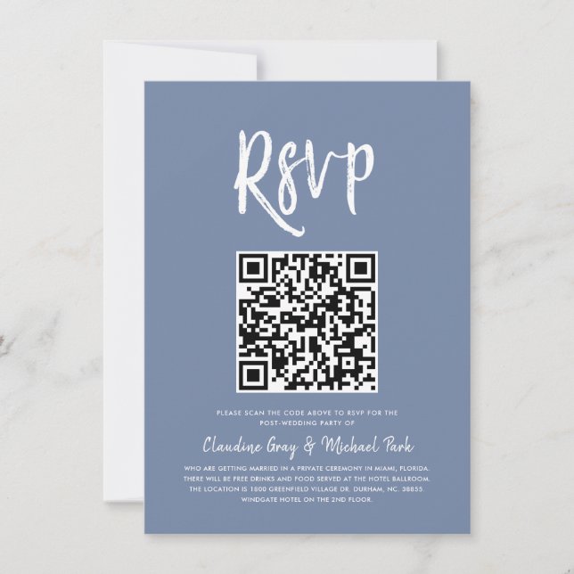 OSA per QR-kod | Pigeon Blue Script Stil OSA Inbjudningar (Framsida)