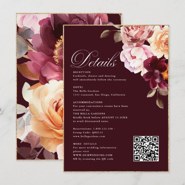 Osa&QR Bröllop om vattenfärgsinformation Burgundy- Tilläggskort (Fram/baksida)