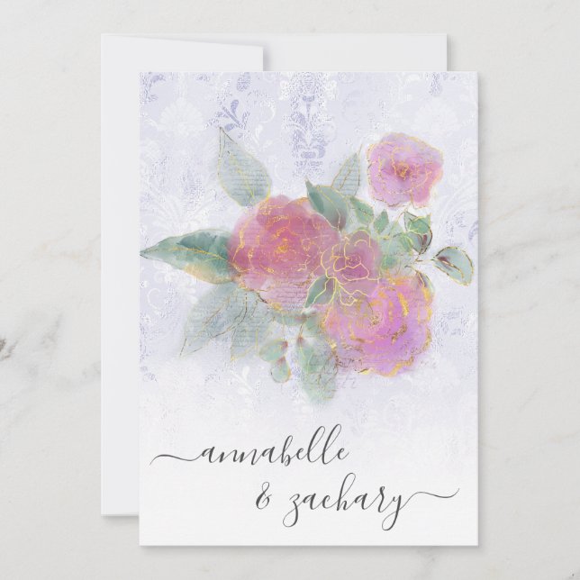 *~* OSA - QR Damask Blommigt Ro Guld AR12 Bröllop Inbjudningar (Framsida)