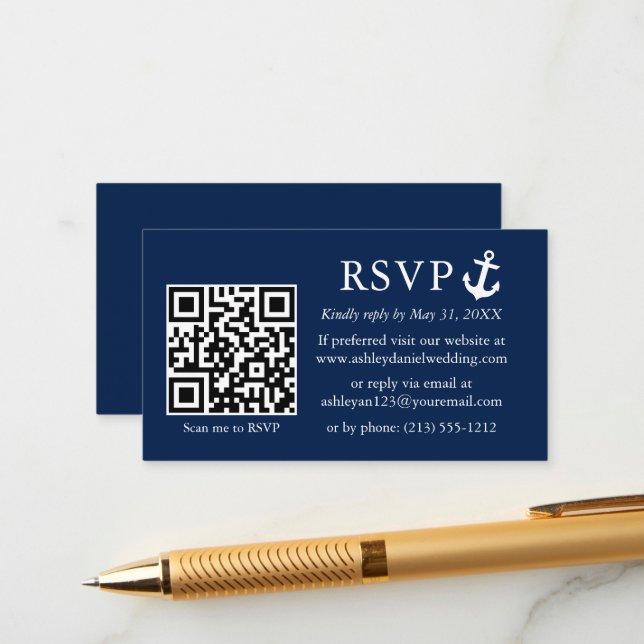 OSA QR för bröllop Navy Blue Anchor Tilläggskort (Fram/Back In Situ)