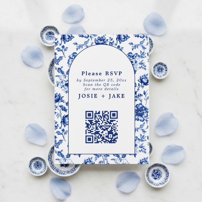 Osa qr-kod för DelSoftware Inspired Blue Blommigt Tilläggskort (Delftware arch frame, blue and white RSVP card with QR code.)