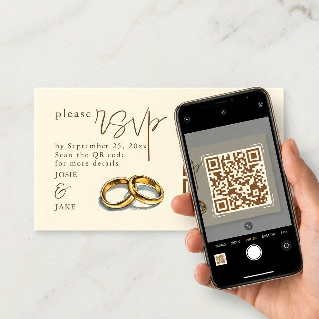 OSA QR-kod för illustration av guld Bröllop Tilläggskort (Gold Wedding Rings Illustration RSVP QR Code Enclosure Card)