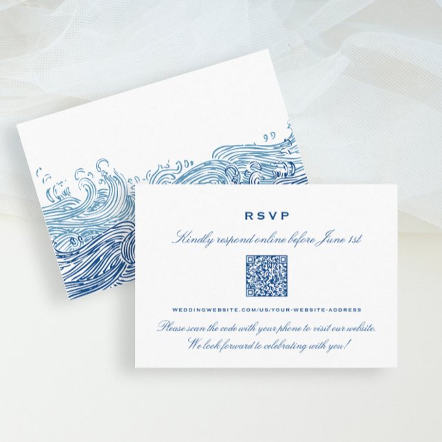 Osa QR-kod för Online i Vinkara Bröllop Tilläggskort (Blue Ocean Waves wedding QR Code RSVP insert card from Concertina Press)