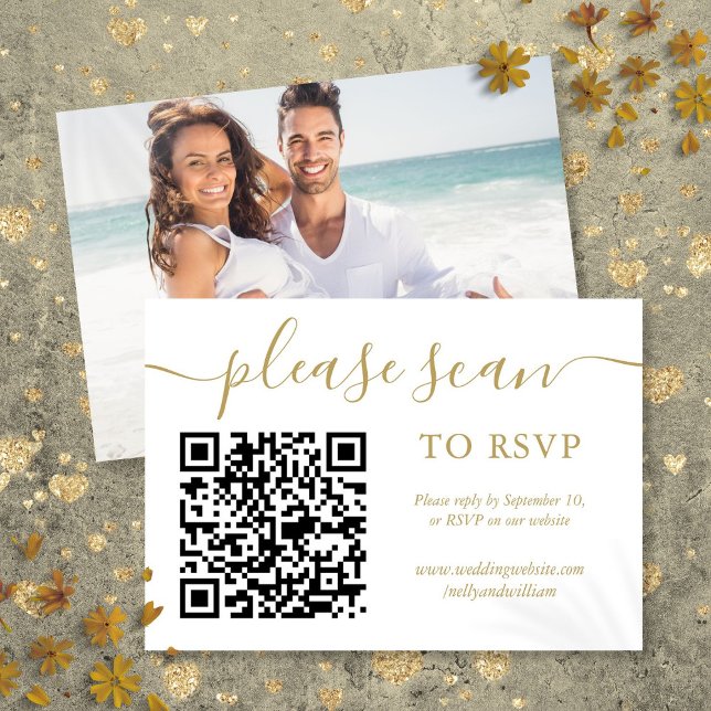 OSA QR-kodfoto med enkel Guld-skript Kort (RSVP QR Code Simple Gold Script Photo)