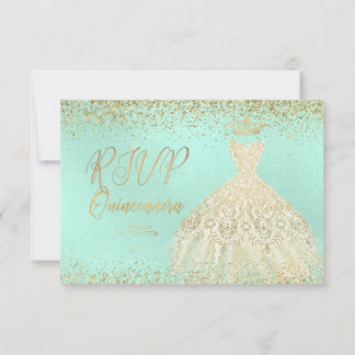 OSA Quinceañera , Glitter Gown, Faux Guld+Mint Inbjudningar
