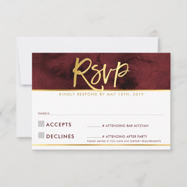 OSA REPLY CARD Modern Red Maroon guld-skript (Framsida)